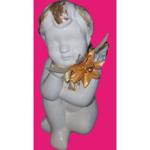 White & Gold Ceramic Angel Figurine With Floral Bow Details - Picture 1 of 9
